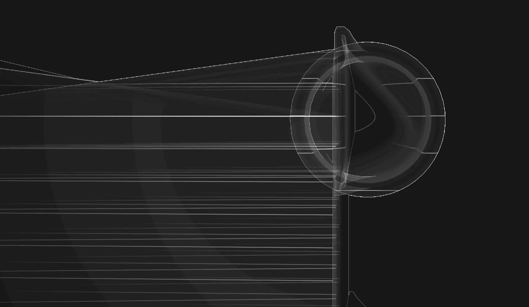 Close-up wireframe of an inlet port where it joins the core.